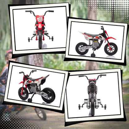 Kids Electric Motorcycle, Motocross for Children 3-6 Years Old, 12V, 2 Powerful Motors, Max Speed 5 km/h, Training Wheels, Suspension System, with Music, Red