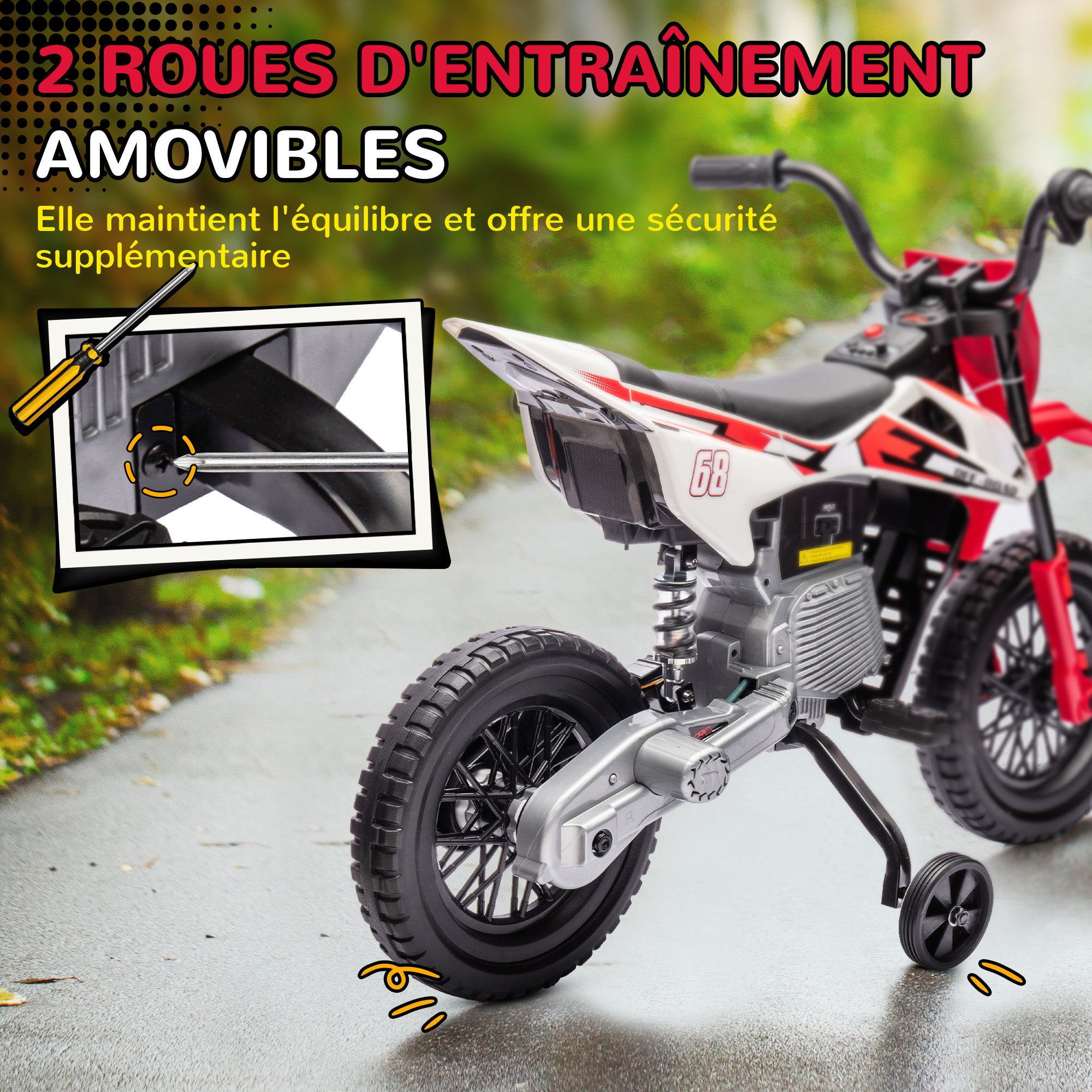 Kids Electric Motorcycle, Motocross for Children 3-6 Years Old, 12V, 2 Powerful Motors, Max Speed 5 km/h, Training Wheels, Suspension System, with Music, Red