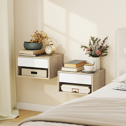 Set of 2 Floating Nightstands — Wall-Mounted Nightstands with Drawer & Open Shelf, Modern, 14.6 x 12.6 x 8.3 in, Natural Wood & White