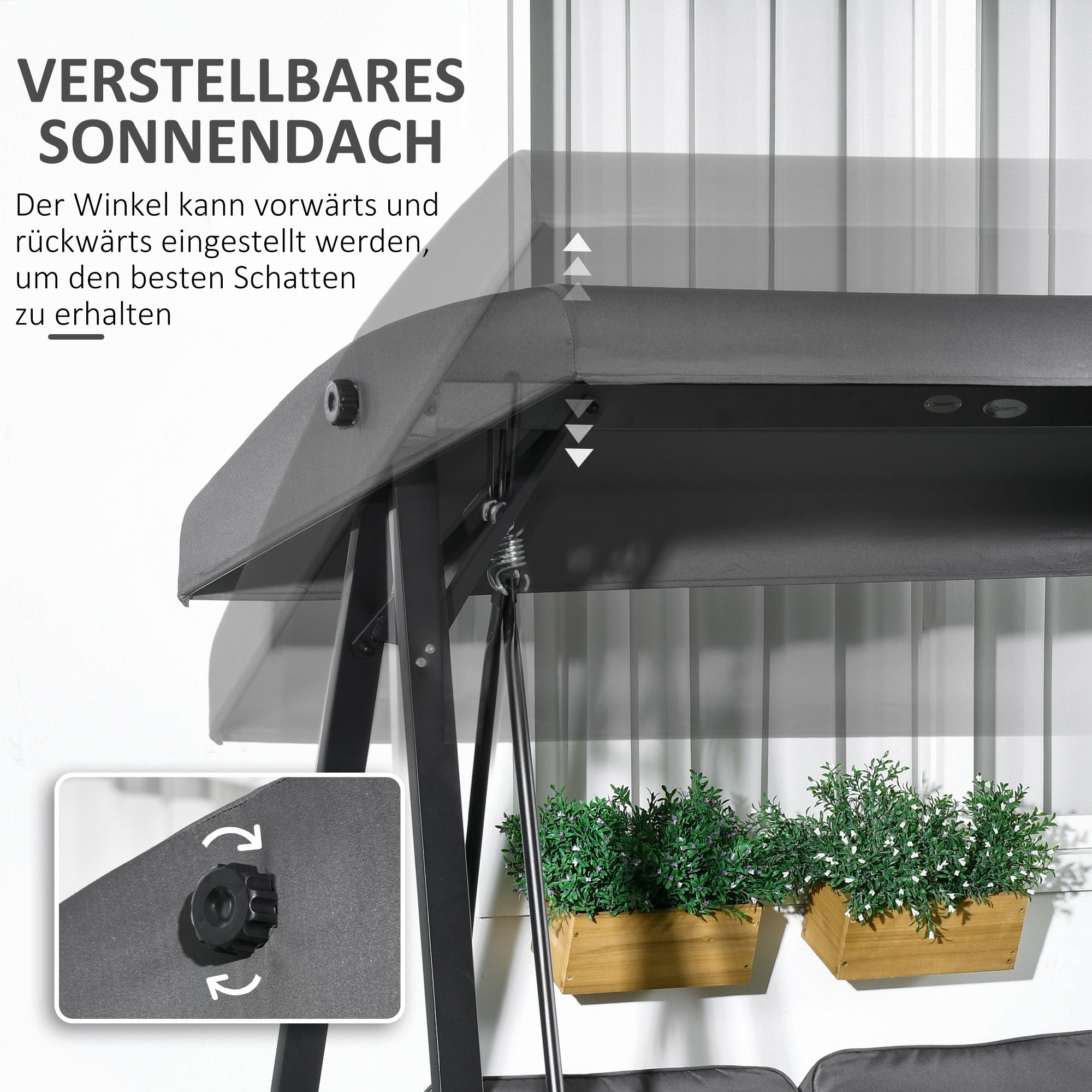 Hollywood 2-Seater Garden Swing with Adjustable Sunshade, Swing Bench Holds up to 220kg, Garden Lounger for Garden, Patio, 145 x 116 x 172 cm, Dark Gray
