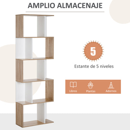 5-Tier Bookshelf Wooden Bookcase S-Shaped Modern Design for Living Room Office 60x24x184.5 cm White and Wood