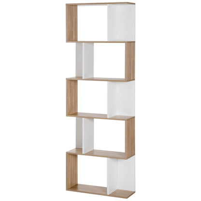 5-Tier Bookshelf Wooden Bookcase S-Shaped Modern Design for Living Room Office 60x24x184.5 cm White and Wood