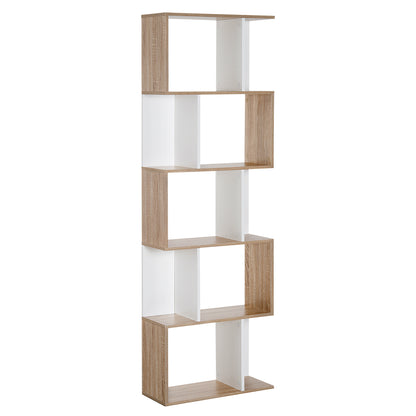 5-Tier Bookshelf Wooden Bookcase S-Shaped Modern Design for Living Room Office 60x24x184.5 cm White and Wood