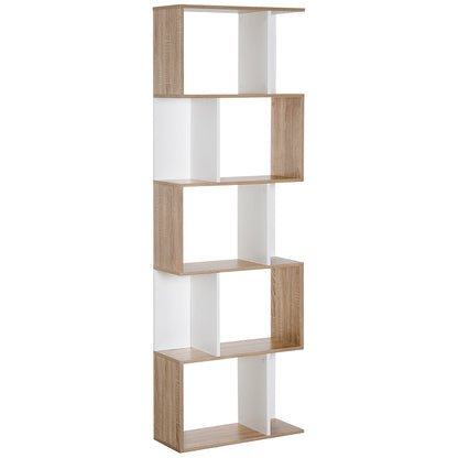 5-Tier Bookshelf Wooden Bookcase S-Shaped Modern Design for Living Room Office 60x24x184.5 cm White and Wood