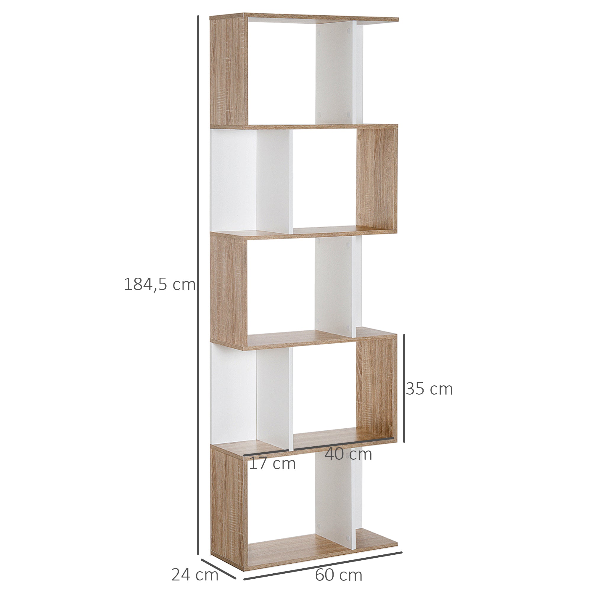5-Tier Bookshelf Wooden Bookcase S-Shaped Modern Design for Living Room Office 60x24x184.5 cm White and Wood