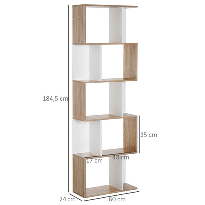 5-Tier Bookshelf Wooden Bookcase S-Shaped Modern Design for Living Room Office 60x24x184.5 cm White and Wood