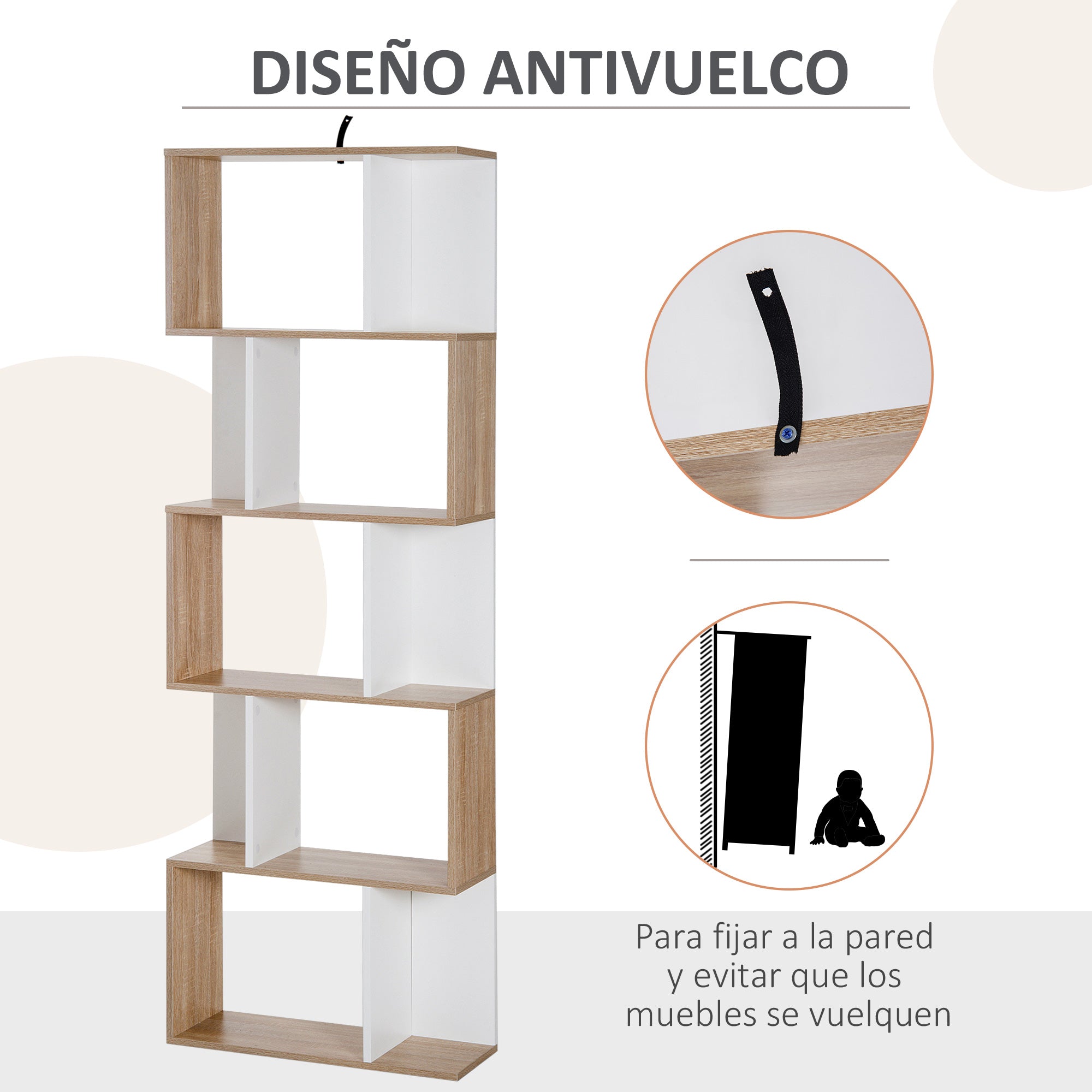 5-Tier Bookshelf Wooden Bookcase S-Shaped Modern Design for Living Room Office 60x24x184.5 cm White and Wood
