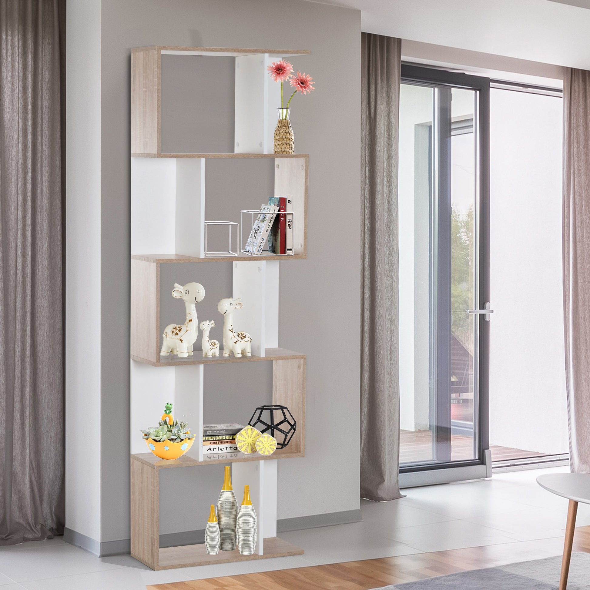 5-Tier Bookshelf Wooden Bookcase S-Shaped Modern Design for Living Room Office 60x24x184.5 cm White and Wood