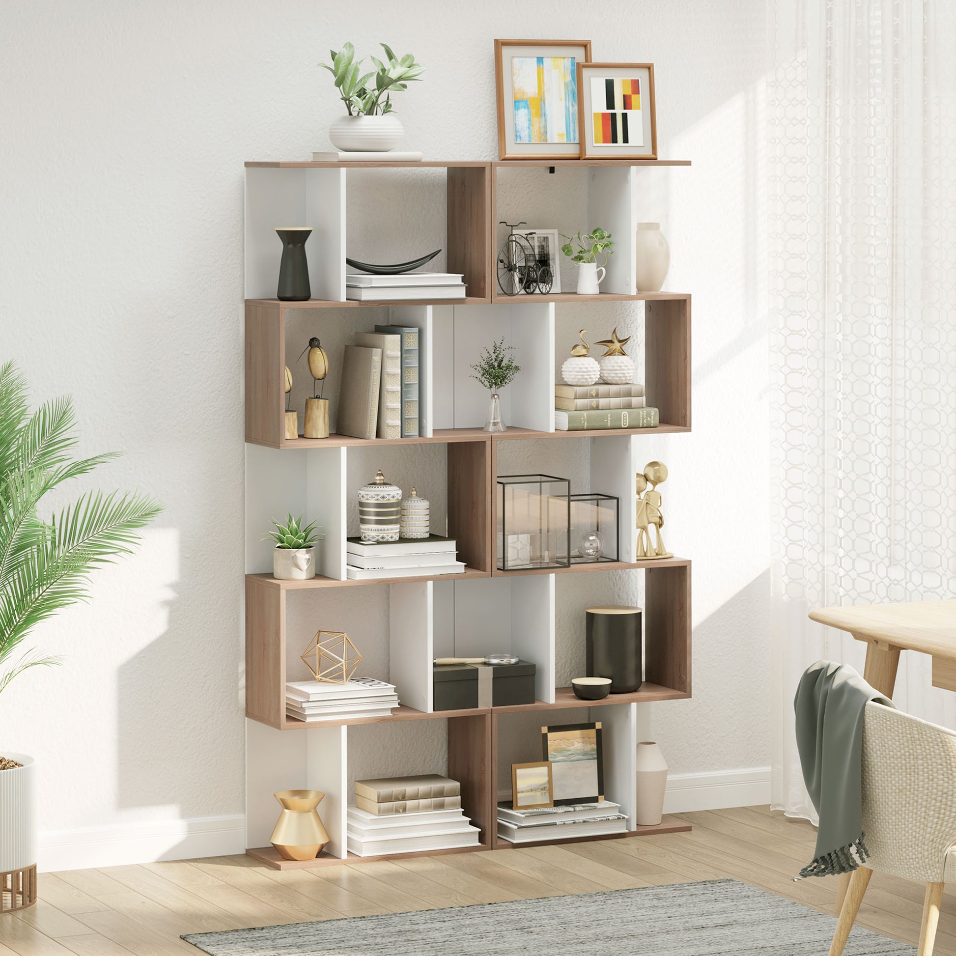 5-Tier Bookshelf Wooden Bookcase S-Shaped Modern Design for Living Room Office 60x24x184.5 cm White and Wood
