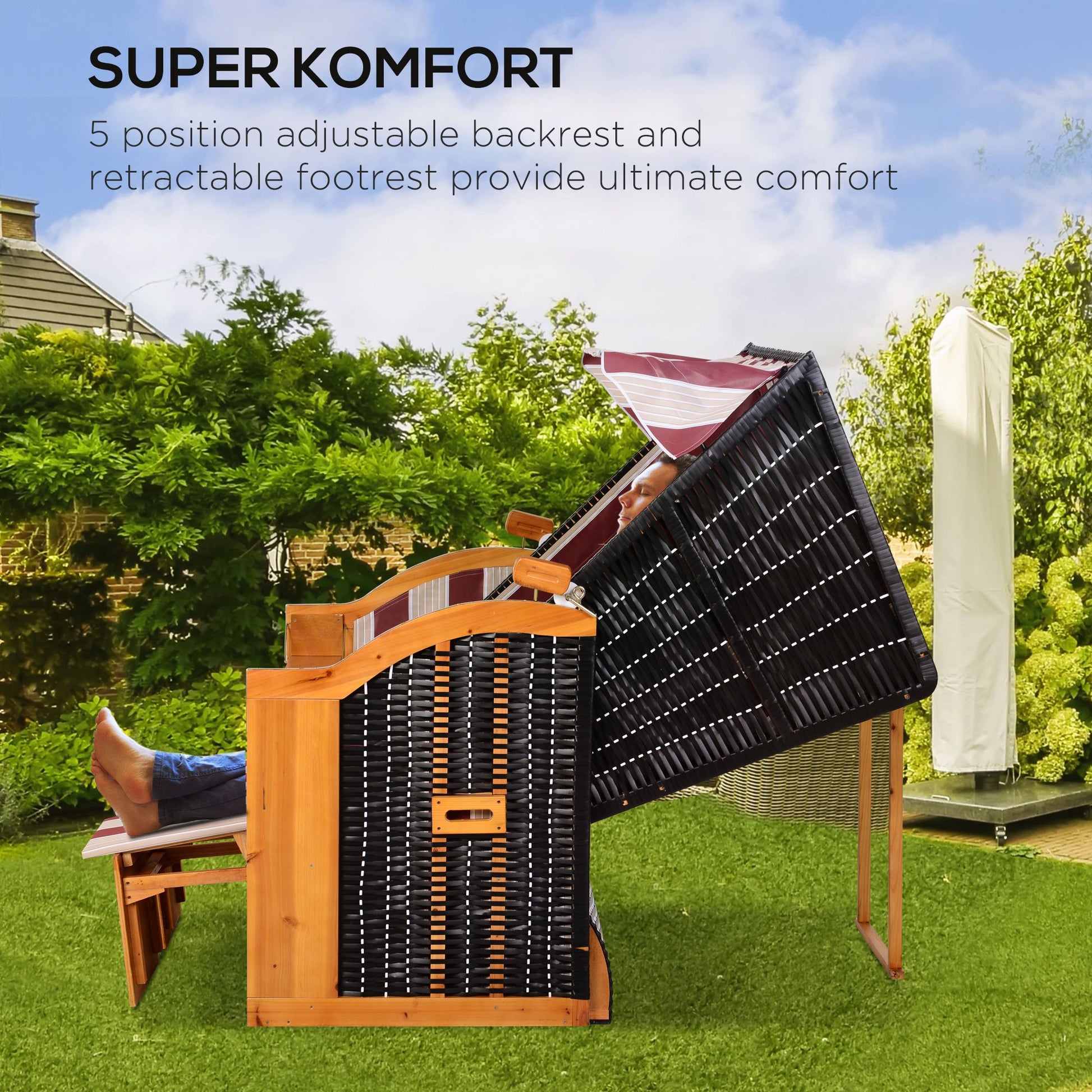 Baltic Sea full recliner 2-seater beach chair made of fir wood, 5-level adjustable backrest, beach chair with footstool side tables, PE wicker, beach chair for balcony, Red+White