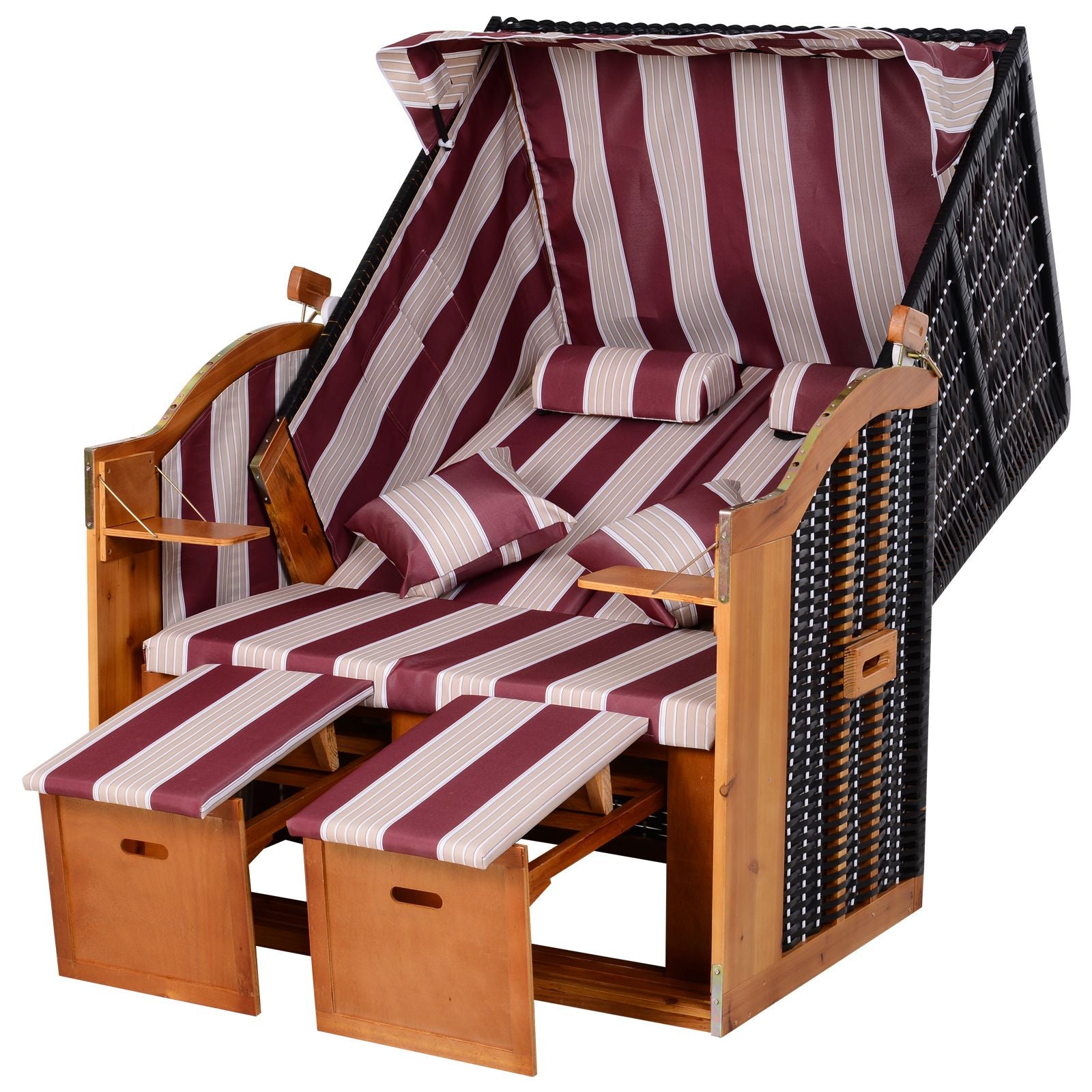 Baltic Sea full recliner 2-seater beach chair made of fir wood, 5-level adjustable backrest, beach chair with footstool side tables, PE wicker, beach chair for balcony, Red+White