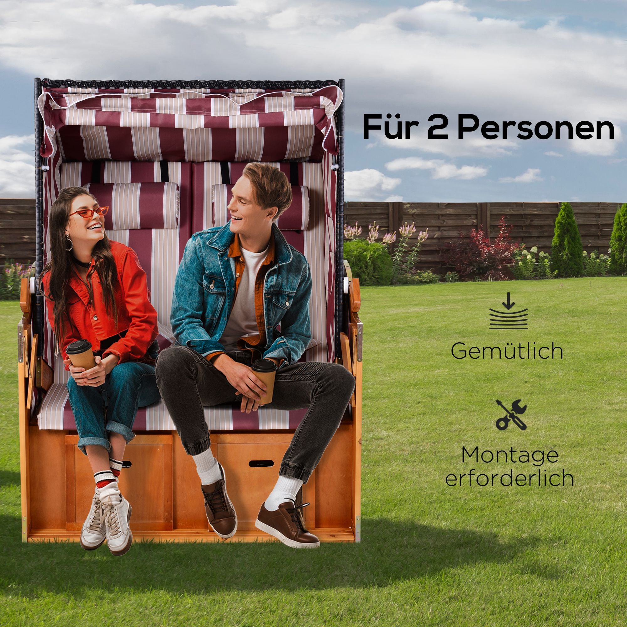 Baltic Sea full recliner 2-seater beach chair made of fir wood, 5-level adjustable backrest, beach chair with footstool side tables, PE wicker, beach chair for balcony, Red+White