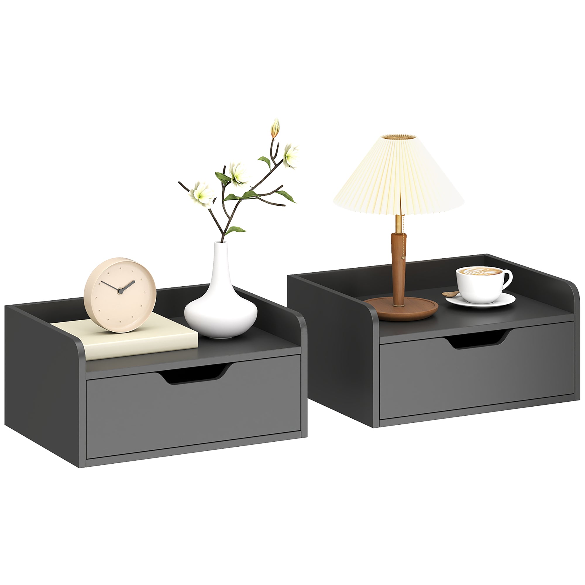 Set of 2 Floating Wall Nightstands with Sliding Drawer & Top Shelf, Black — 15.7 x 11.8 x 7.7 in (40 x 30 x 19.5 cm)