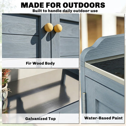 Light Gray Outdoor Potting Bench with Cabinet & Galvanized Worktop, 2 Drawers — 104 x 44 x 140 cm (41 x 17.3 x 55.1 in)