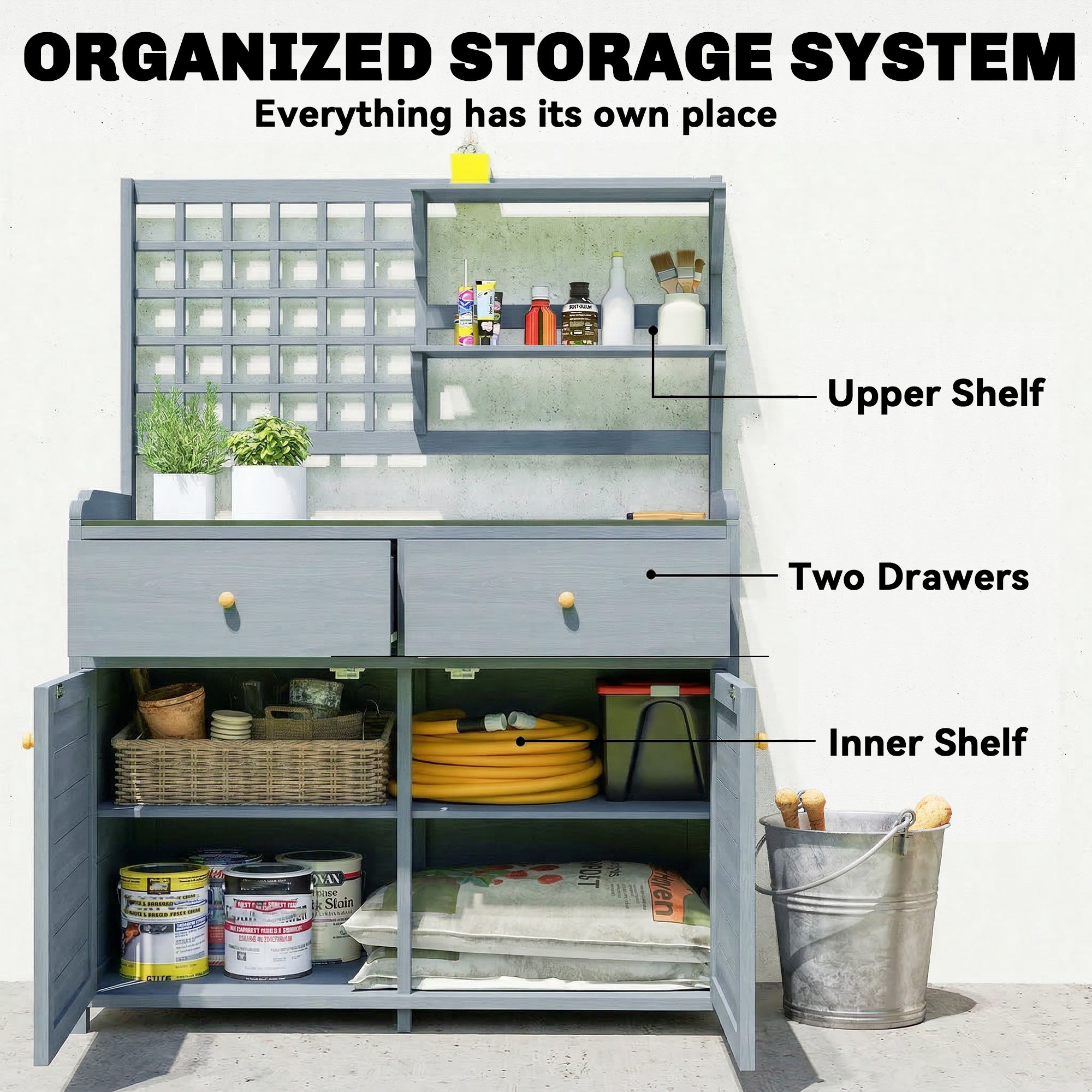 Light Gray Outdoor Potting Bench with Cabinet & Galvanized Worktop, 2 Drawers — 104 x 44 x 140 cm (41 x 17.3 x 55.1 in)