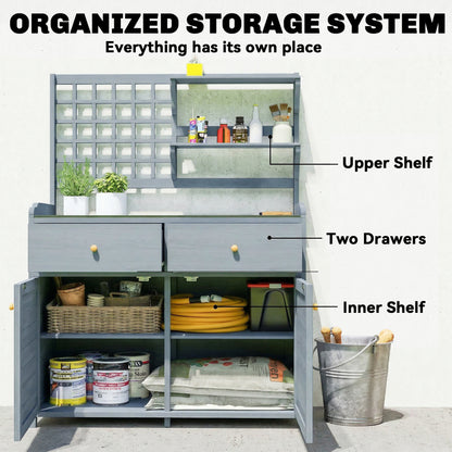 Light Gray Outdoor Potting Bench with Cabinet & Galvanized Worktop, 2 Drawers — 104 x 44 x 140 cm (41 x 17.3 x 55.1 in)