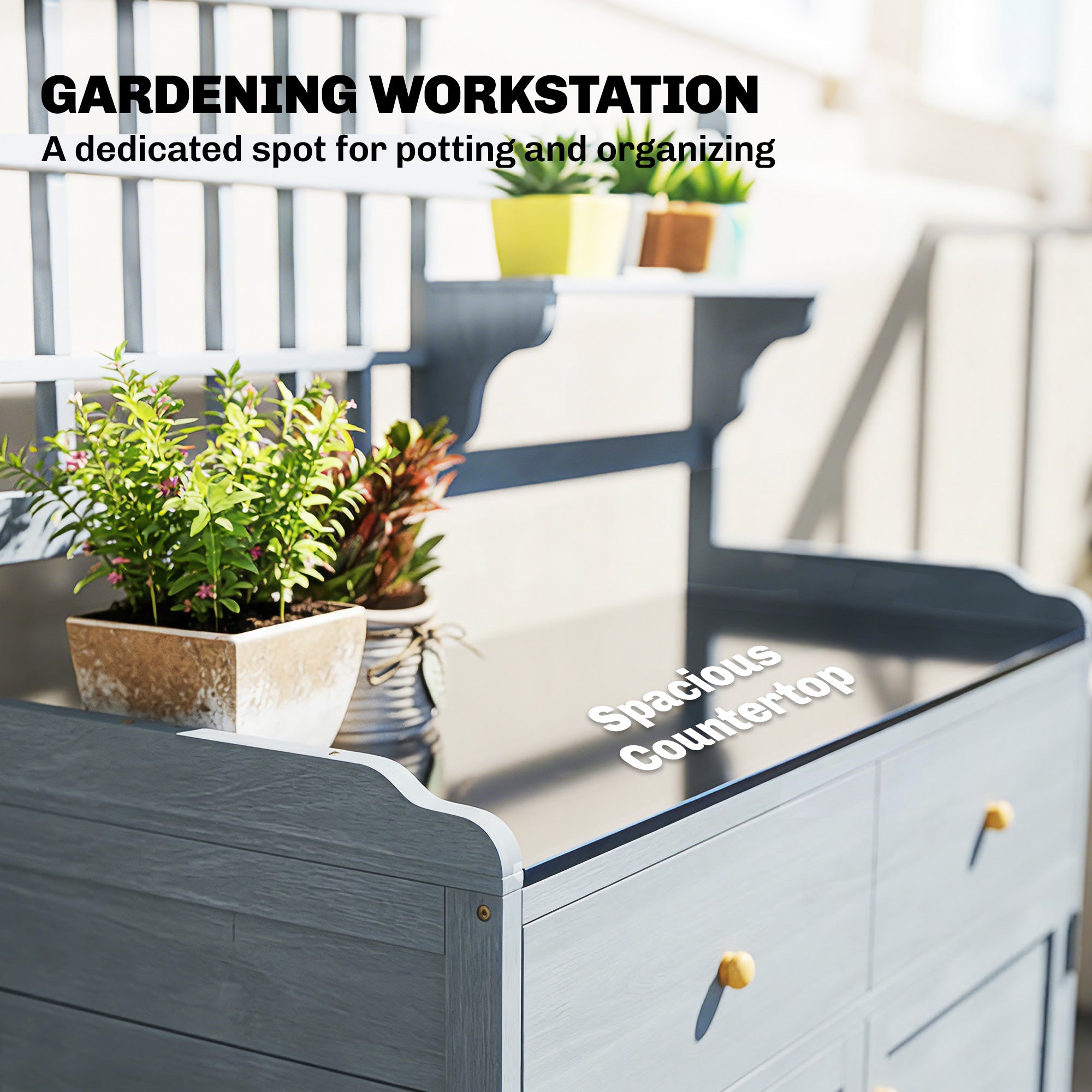 Light Gray Outdoor Potting Bench with Cabinet & Galvanized Worktop, 2 Drawers — 104 x 44 x 140 cm (41 x 17.3 x 55.1 in)