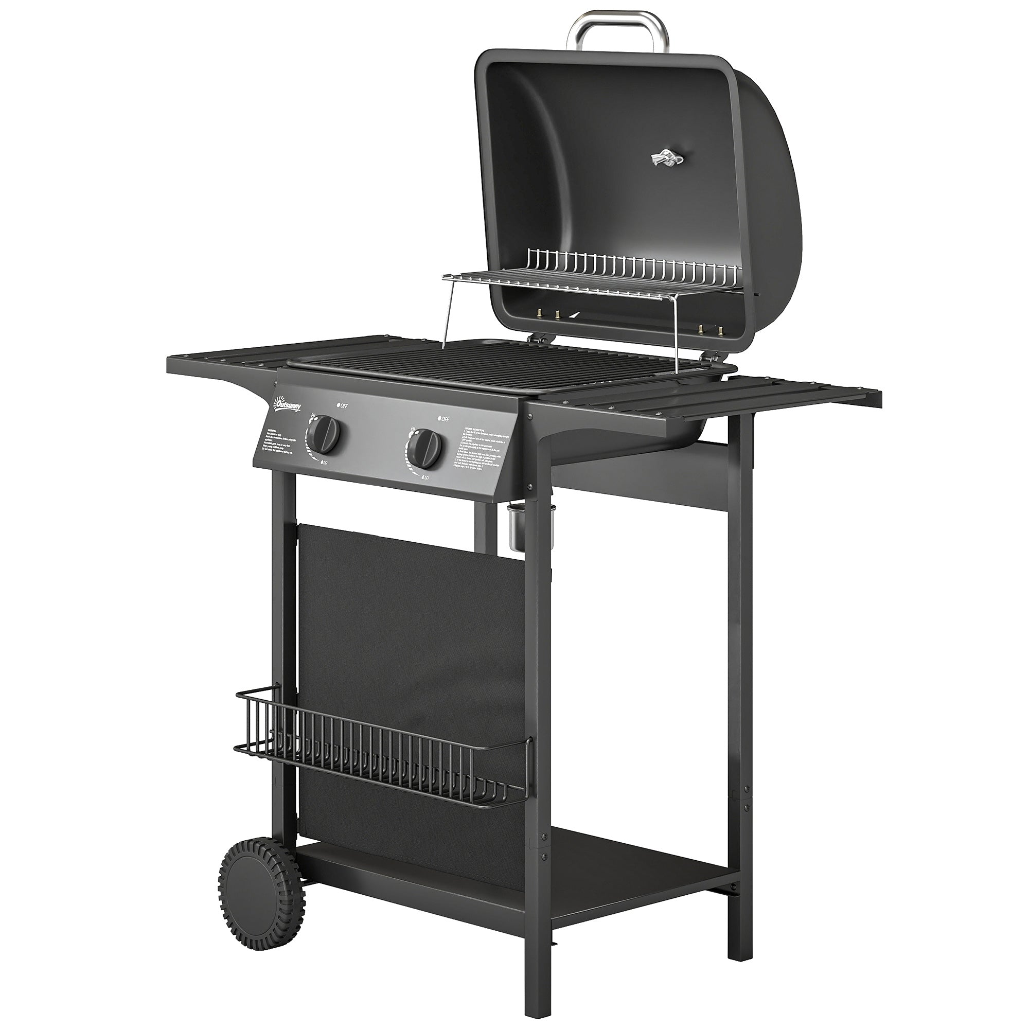 Gas Grill 5 kW 2-Burner BBQ Grill Cart, Stainless Steel — Side Table, Lower Shelf, Front Cover, Thermometer, Enamel Grate, Warming Rack, Drip Tray, Wheels