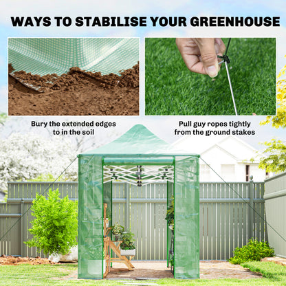 Foldable Pop-Up Greenhouse, 295×200×270 cm (PE Polytunnel) with Gable Roof, Roll-Up Zip Doors & Mesh Windows, Sturdy Metal Frame — Green