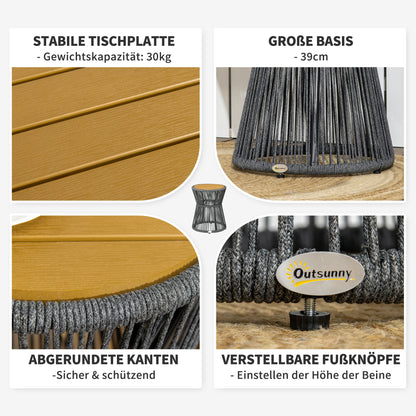 Rattan Side Table, Bistro Table, Coffee Table with Plastic Tabletop, Garden Table with Adjustable Feet, for Patio, Aluminum Dark Gray + Natural