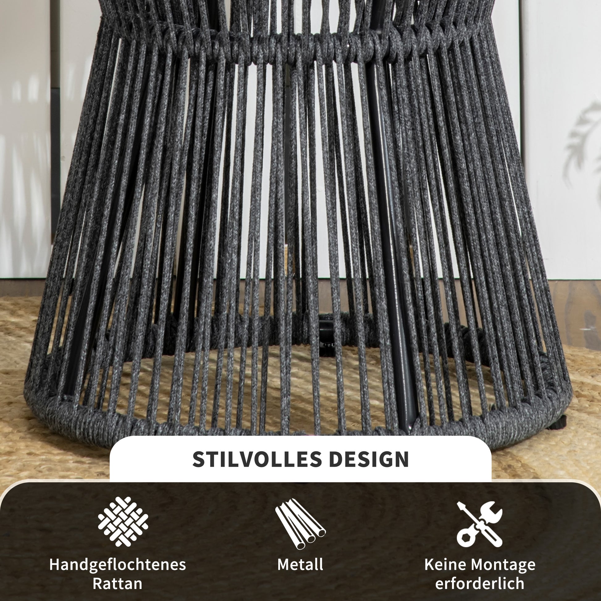 Rattan Side Table, Bistro Table, Coffee Table with Plastic Tabletop, Garden Table with Adjustable Feet, for Patio, Aluminum Dark Gray + Natural