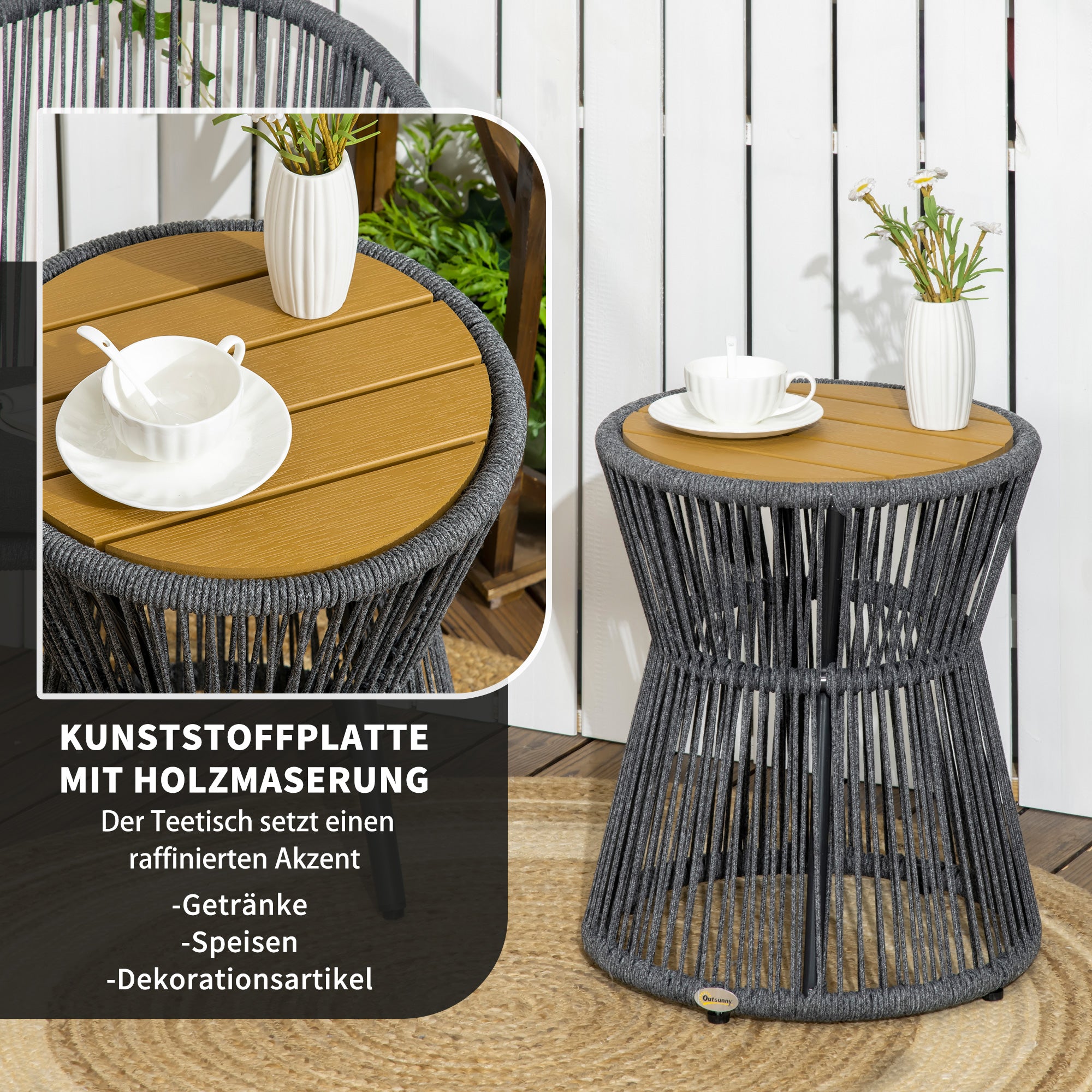 Rattan Side Table, Bistro Table, Coffee Table with Plastic Tabletop, Garden Table with Adjustable Feet, for Patio, Aluminum Dark Gray + Natural