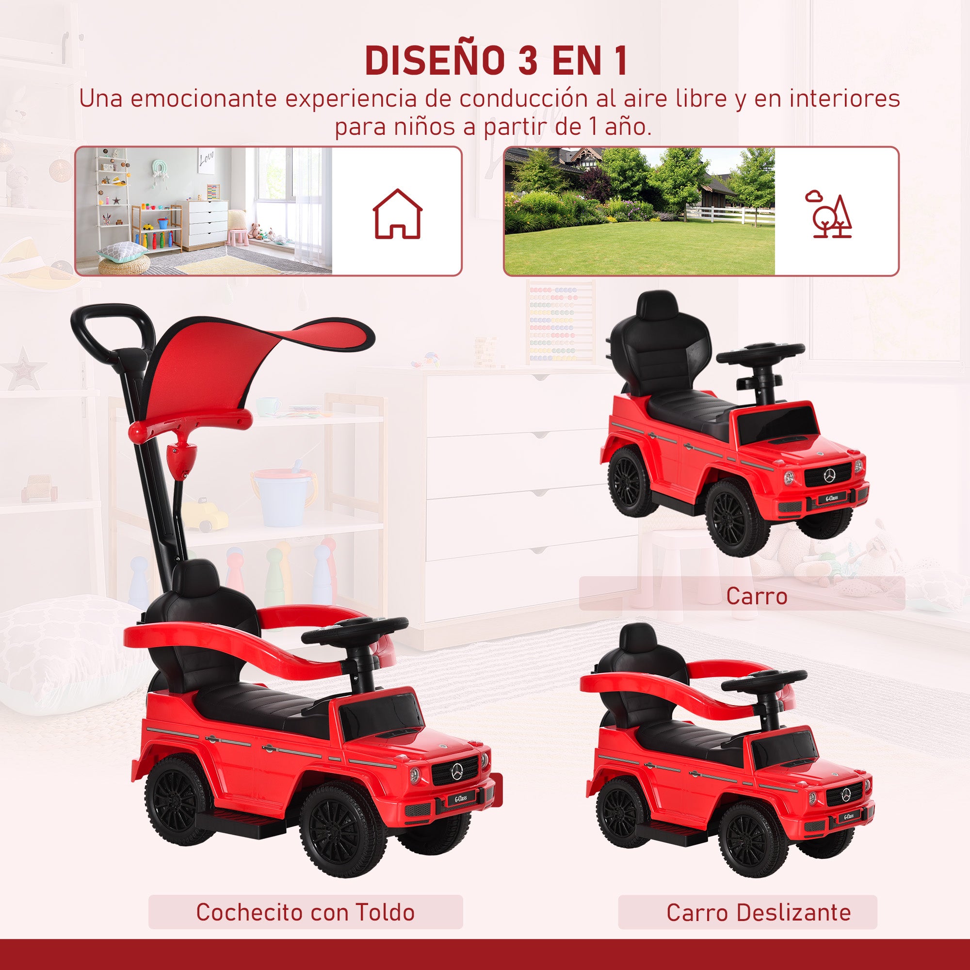 Kids Ride On Toy Car with Mercedes G350 License Ride On Car for 1-3 Years Old with Horn Removable Canopy and Safety Bar Load 25 kg 85.5x40.5x95 cm Red