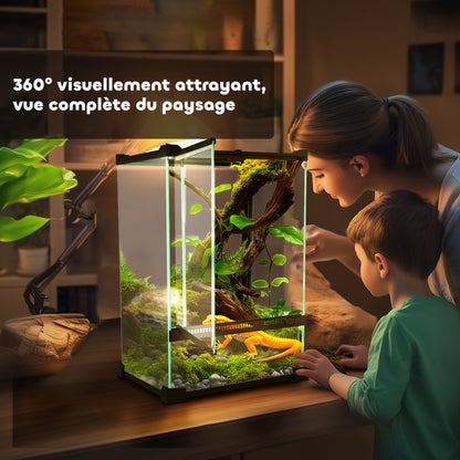 Glass Terrarium for Reptiles Vivarium 12 L Reptile Box Reptile Breeding Box with Wire Mesh Lid, for Frogs, Snakes, Turtles, 20 x 20 x 30 cm, Black