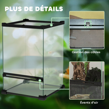Glass Terrarium for Reptiles Vivarium 12 L Reptile Box Reptile Breeding Box with Wire Mesh Lid, for Frogs, Snakes, Turtles, 20 x 20 x 30 cm, Black