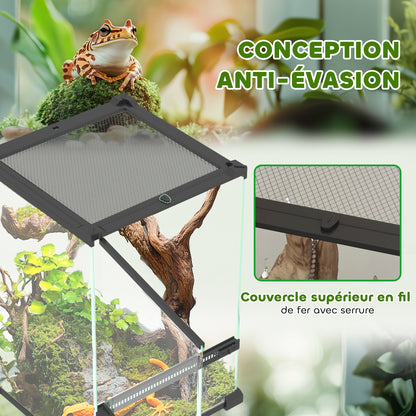 Glass Terrarium for Reptiles Vivarium 12 L Reptile Box Reptile Breeding Box with Wire Mesh Lid, for Frogs, Snakes, Turtles, 20 x 20 x 30 cm, Black