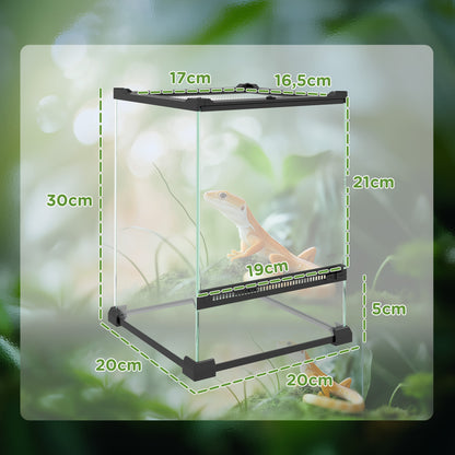 Glass Terrarium for Reptiles Vivarium 12 L Reptile Box Reptile Breeding Box with Wire Mesh Lid, for Frogs, Snakes, Turtles, 20 x 20 x 30 cm, Black