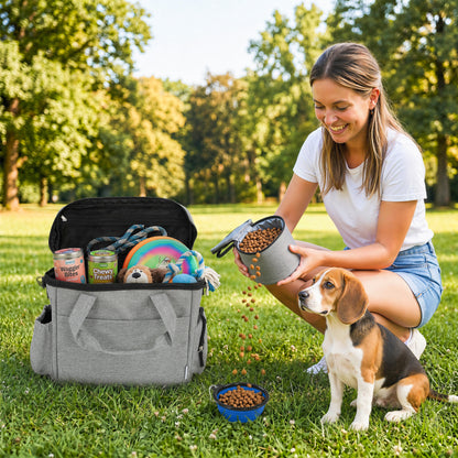 Dog Travel Treat Bag with 2 Insulated Food Containers & Collapsible Silicone Bowl, Pockets, Adjustable Divider — Portable Durable Light Gray