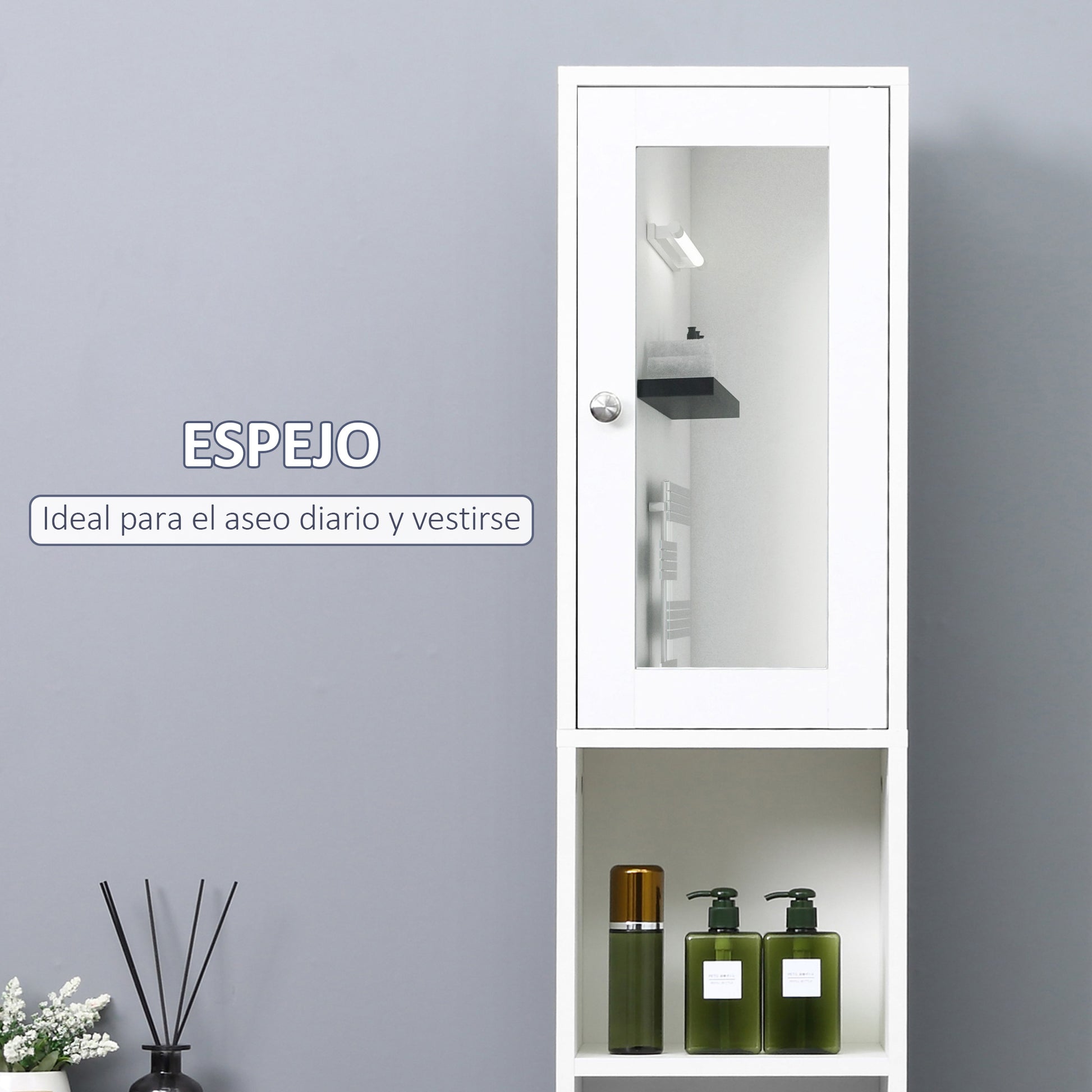 Tall Bathroom Cabinet with Mirror Bathroom Column Cabinet Wood with 2 Open Shelves 2 Doors and Adjustable Shelves 30x28x180 cm White