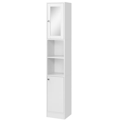 Tall Bathroom Cabinet with Mirror Bathroom Column Cabinet Wood with 2 Open Shelves 2 Doors and Adjustable Shelves 30x28x180 cm White