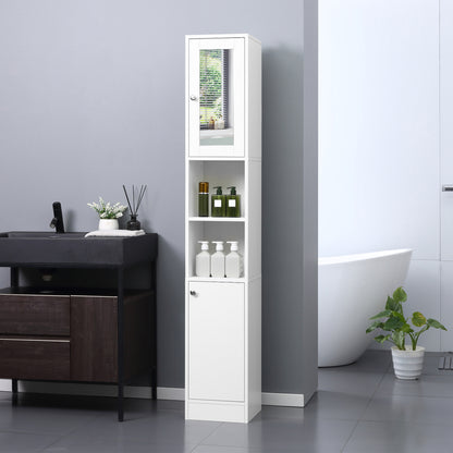 Tall Bathroom Cabinet with Mirror Bathroom Column Cabinet Wood with 2 Open Shelves 2 Doors and Adjustable Shelves 30x28x180 cm White
