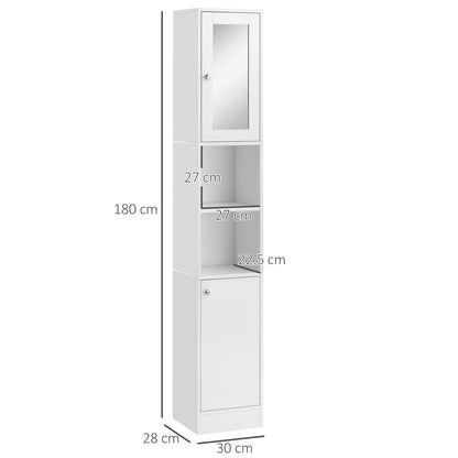 Tall Bathroom Cabinet with Mirror Bathroom Column Cabinet Wood with 2 Open Shelves 2 Doors and Adjustable Shelves 30x28x180 cm White