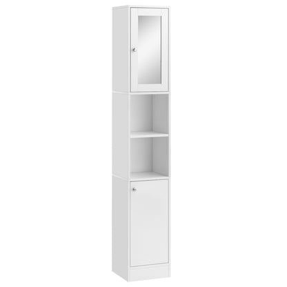Tall Bathroom Cabinet with Mirror Bathroom Column Cabinet Wood with 2 Open Shelves 2 Doors and Adjustable Shelves 30x28x180 cm White
