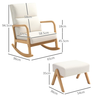 Rocking Chair with Footstool, Reclining Armchair with Linen Look, Rocking Chair with Wooden Legs Armchair for Bedroom, Living Room, up to 150 kg Load Capacity, Cream White