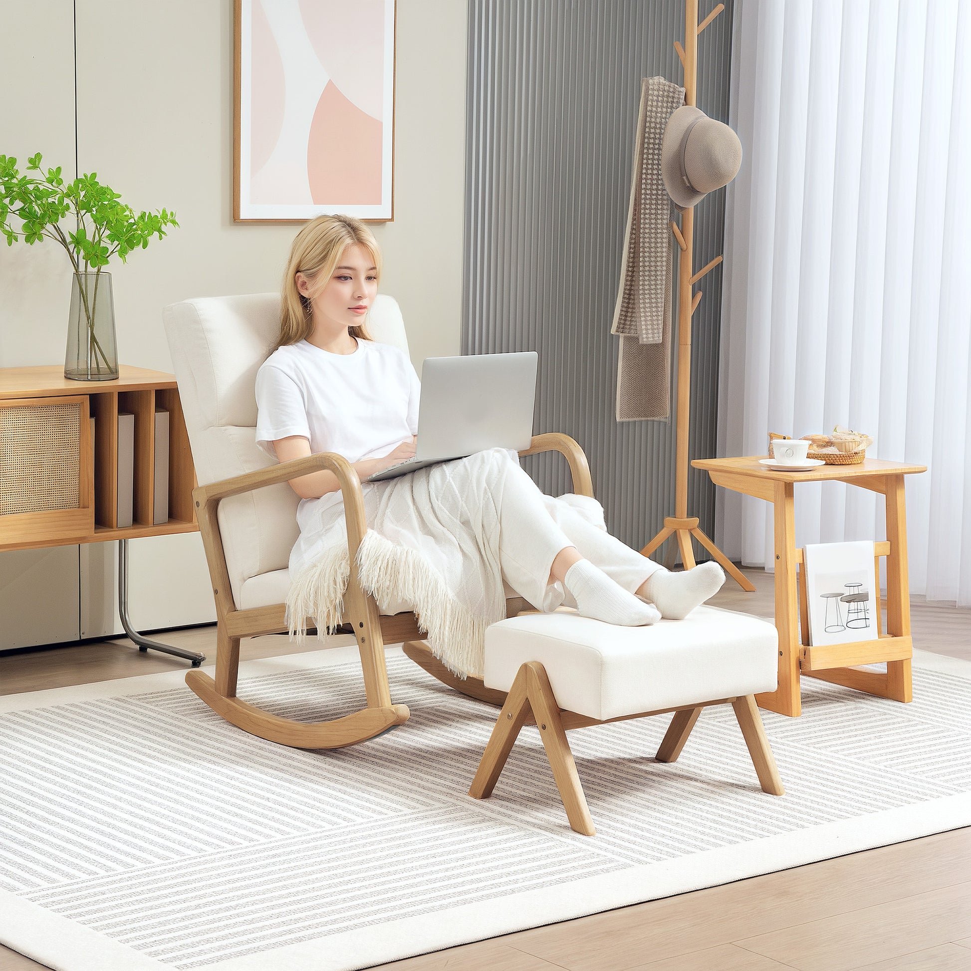 Rocking Chair with Footstool, Reclining Armchair with Linen Look, Rocking Chair with Wooden Legs Armchair for Bedroom, Living Room, up to 150 kg Load Capacity, Cream White
