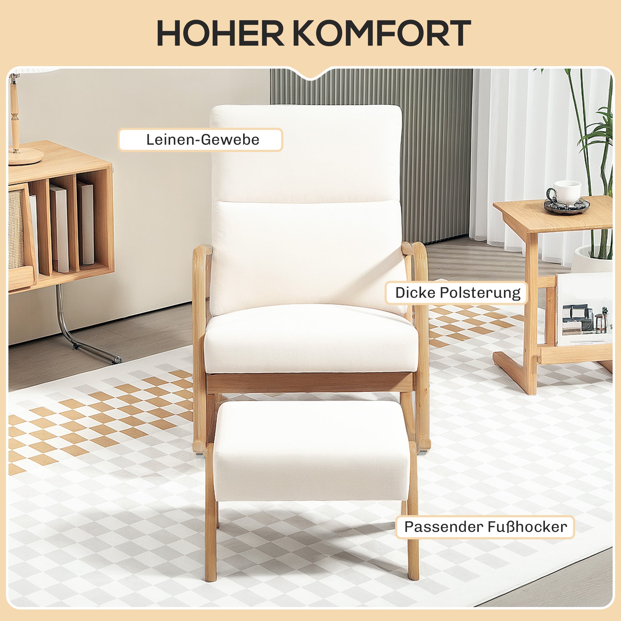 Rocking Chair with Footstool, Reclining Armchair with Linen Look, Rocking Chair with Wooden Legs Armchair for Bedroom, Living Room, up to 150 kg Load Capacity, Cream White