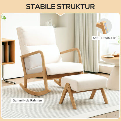 Rocking Chair with Footstool, Reclining Armchair with Linen Look, Rocking Chair with Wooden Legs Armchair for Bedroom, Living Room, up to 150 kg Load Capacity, Cream White