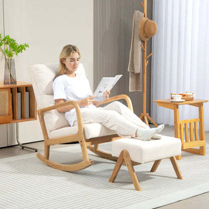 Rocking Chair with Footstool, Reclining Armchair with Linen Look, Rocking Chair with Wooden Legs Armchair for Bedroom, Living Room, up to 150 kg Load Capacity, Cream White