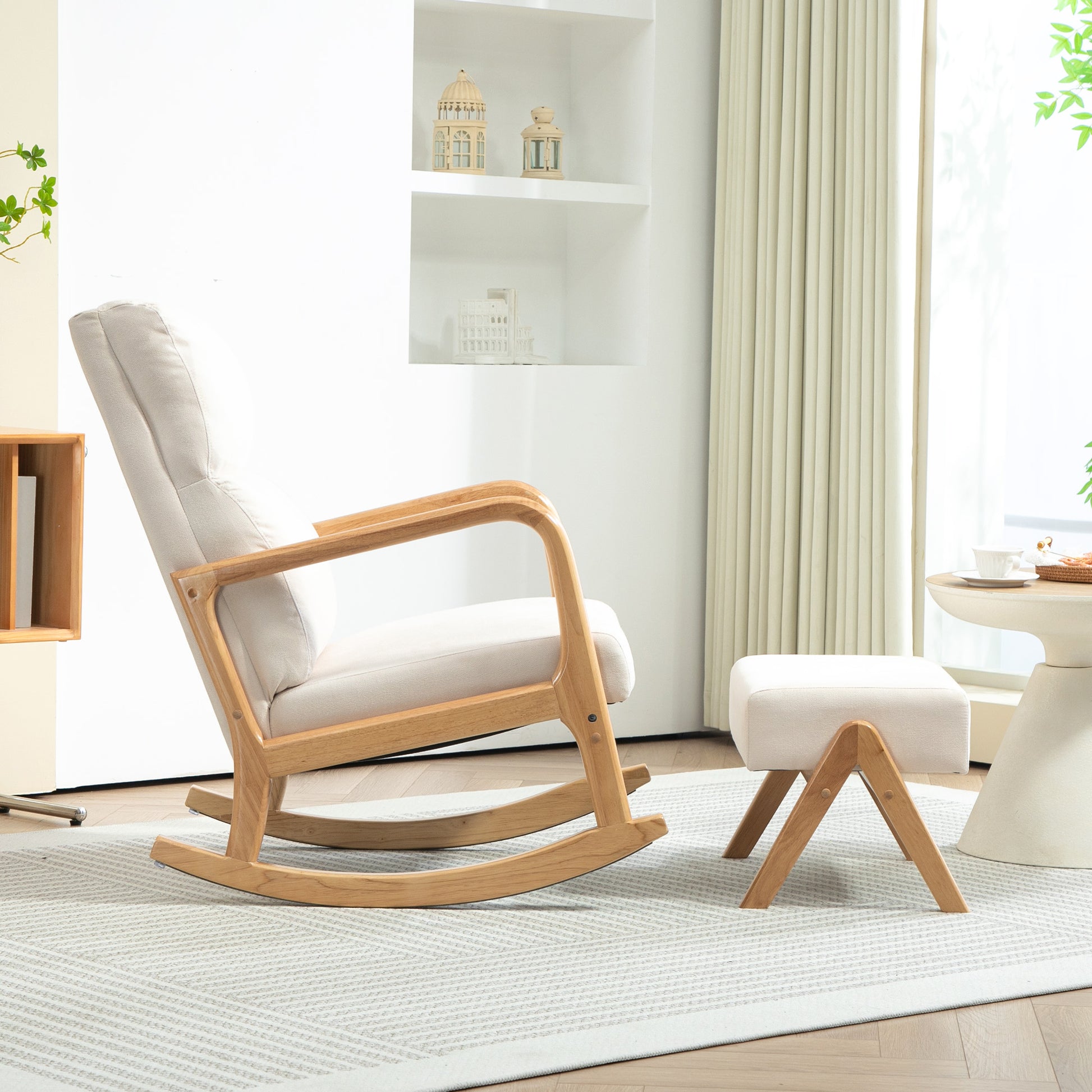 Rocking Chair with Footstool, Reclining Armchair with Linen Look, Rocking Chair with Wooden Legs Armchair for Bedroom, Living Room, up to 150 kg Load Capacity, Cream White