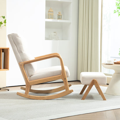Rocking Chair with Footstool, Reclining Armchair with Linen Look, Rocking Chair with Wooden Legs Armchair for Bedroom, Living Room, up to 150 kg Load Capacity, Cream White