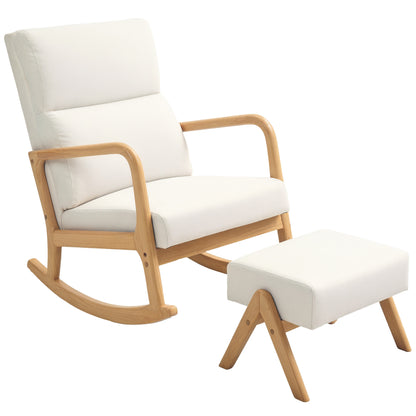 Rocking Chair with Footstool, Reclining Armchair with Linen Look, Rocking Chair with Wooden Legs Armchair for Bedroom, Living Room, up to 150 kg Load Capacity, Cream White