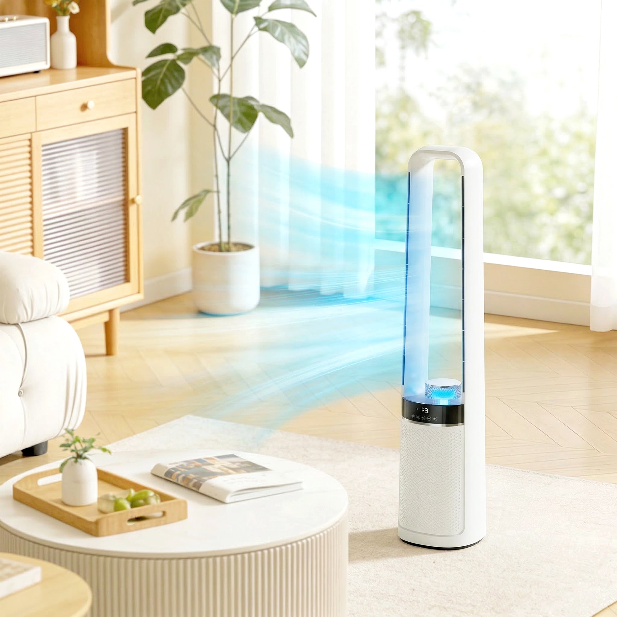 Ultra-Quiet Tower Fan — 36 dB, 36.7 in, 45° Oscillation, LED Ambient Lights, 3 Speeds, 12H Timer, Remote — White