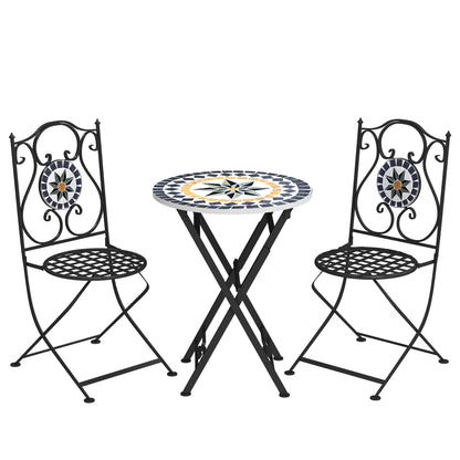 3-Piece Outdoor Garden Set Outdoor Furniture with Round Table Folding Chairs and Geometric Mosaic Pattern for Terrace Patio Balcony Multicolor