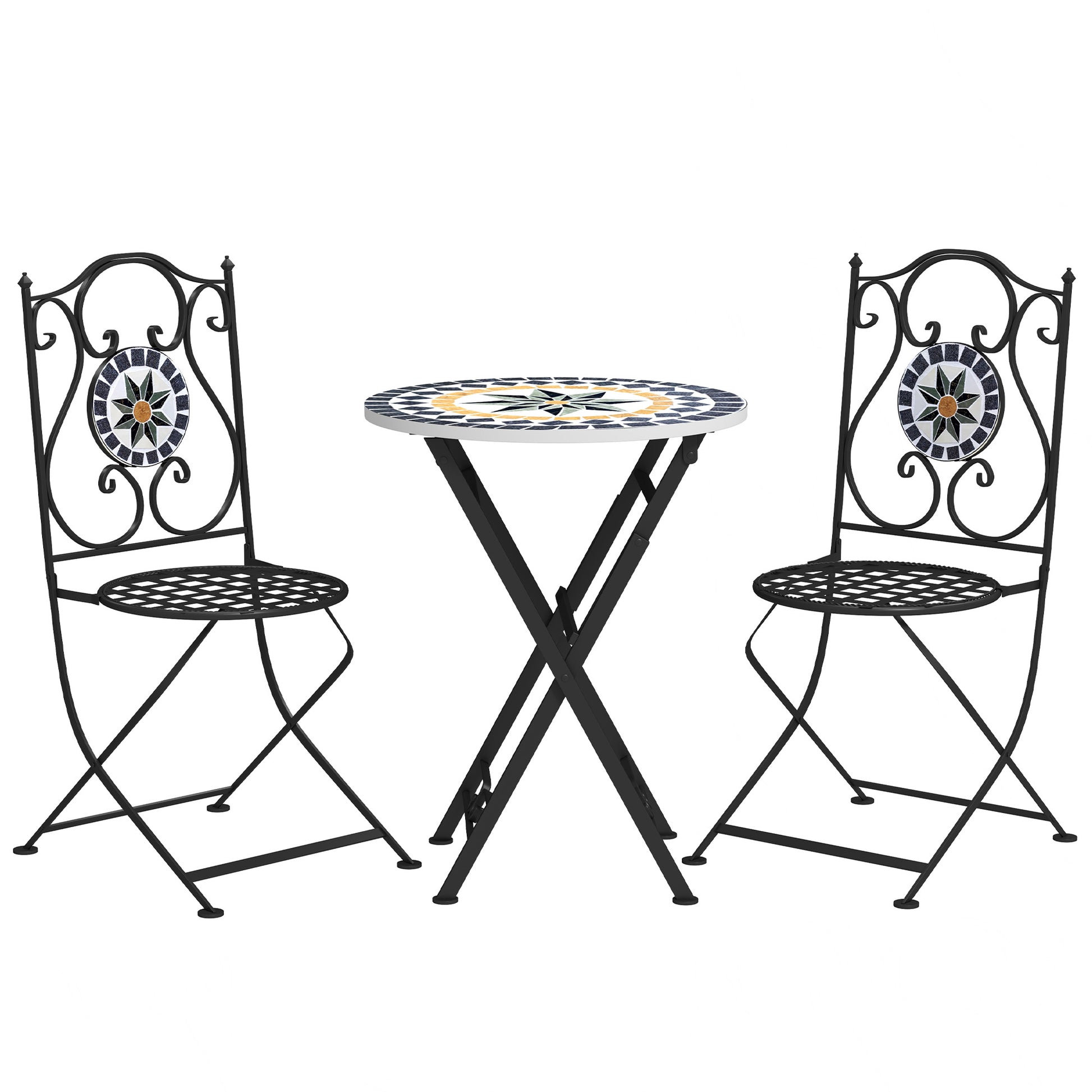 3-Piece Outdoor Garden Set Outdoor Furniture with Round Table Folding Chairs and Geometric Mosaic Pattern for Terrace Patio Balcony Multicolor