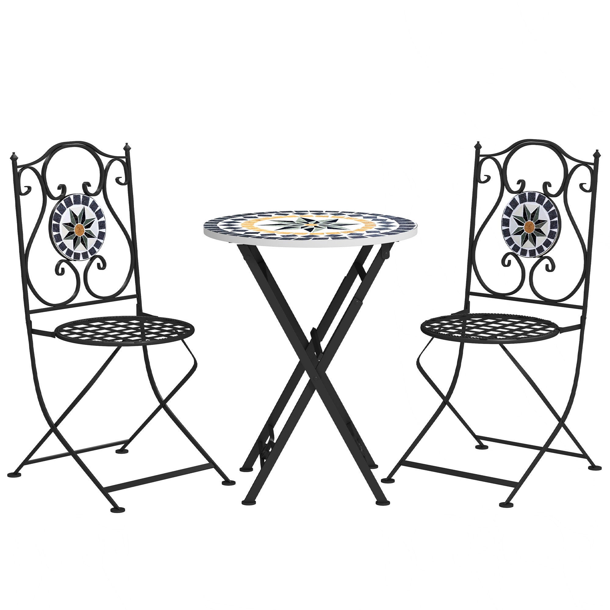 3-Piece Outdoor Garden Set Outdoor Furniture with Round Table Folding Chairs and Geometric Mosaic Pattern for Terrace Patio Balcony Multicolor