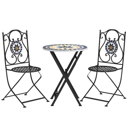 3-Piece Outdoor Garden Set Outdoor Furniture with Round Table Folding Chairs and Geometric Mosaic Pattern for Terrace Patio Balcony Multicolor